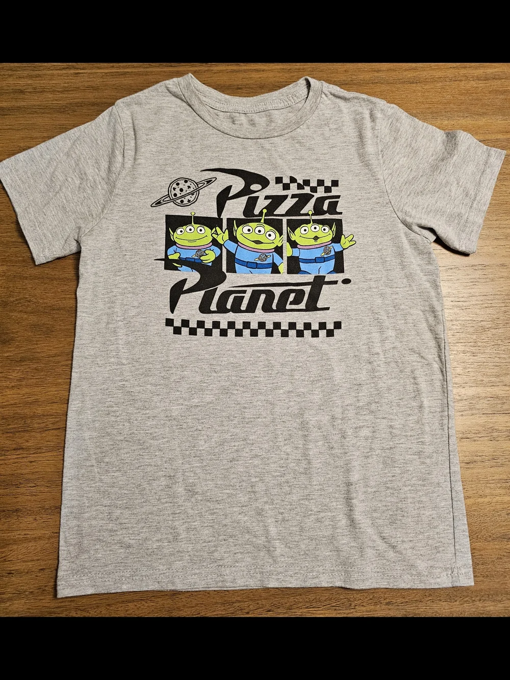Disney Grey T-Shirt with Green Alien Pizza Planet Graphic
